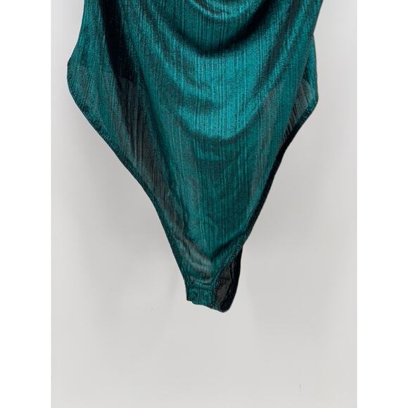 BLA SHE Women's Dark Green Metallic Cowl-Neck Spaghetti Strap Bodysuit SZ L - Picture 7 of 10